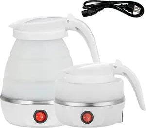 Foldable Electric Travel Kettle - Portable and Convenient Silicone Collapsible Water Boiler and Tea Pot for Camping - Easy Storage with Detachable Power Cord (White)