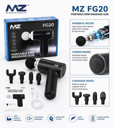 Deep Tissue Massage Gun, Portable Percussion Muscle Massager with 7 Interchangeable Heads, 6 Speed Levels, Powerful Low-Noise Motor, Rechargeable Battery for Back, Neck, Shoulder, Legs & Full Body (FG20 MZ Premium Massage Gun)