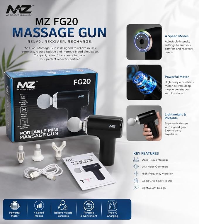 Deep Tissue Massage Gun, Portable Percussion Muscle Massager with 7 Interchangeable Heads, 6 Speed Levels, Powerful Low-Noise Motor, Rechargeable Battery for Back, Neck, Shoulder, Legs & Full Body (FG20 MZ Premium Massage Gun)