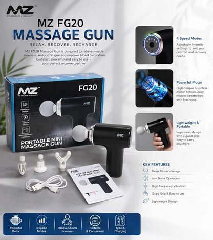 Deep Tissue Massage Gun, Portable Percussion Muscle Massager with 7 Interchangeable Heads, 6 Speed Levels, Powerful Low-Noise Motor, Rechargeable Battery for Back, Neck, Shoulder, Legs & Full Body (FG20 MZ Premium Massage Gun)