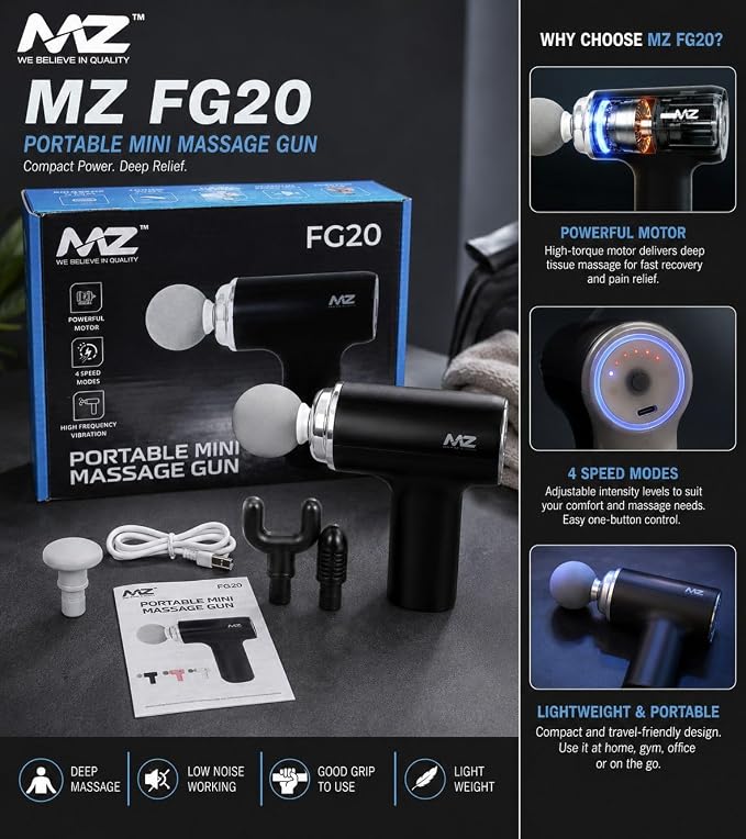 Deep Tissue Massage Gun, Portable Percussion Muscle Massager with 7 Interchangeable Heads, 6 Speed Levels, Powerful Low-Noise Motor, Rechargeable Battery for Back, Neck, Shoulder, Legs & Full Body (FG20 MZ Premium Massage Gun)