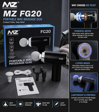 Deep Tissue Massage Gun, Portable Percussion Muscle Massager with 7 Interchangeable Heads, 6 Speed Levels, Powerful Low-Noise Motor, Rechargeable Battery for Back, Neck, Shoulder, Legs & Full Body (FG20 MZ Premium Massage Gun)